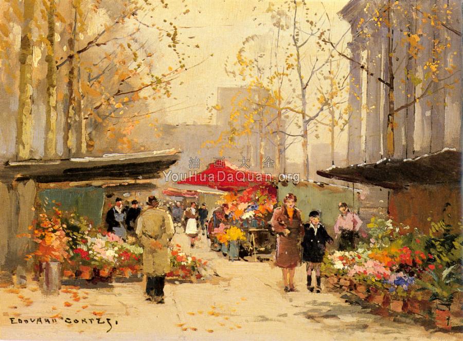 Flower Stalls by the Madeleine - 爱德华·科尔特斯